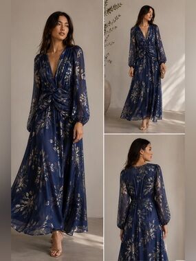 Anthropology $450 DELFI Collective Navy Silver Print Gown‎ Long Dress Pure Silk